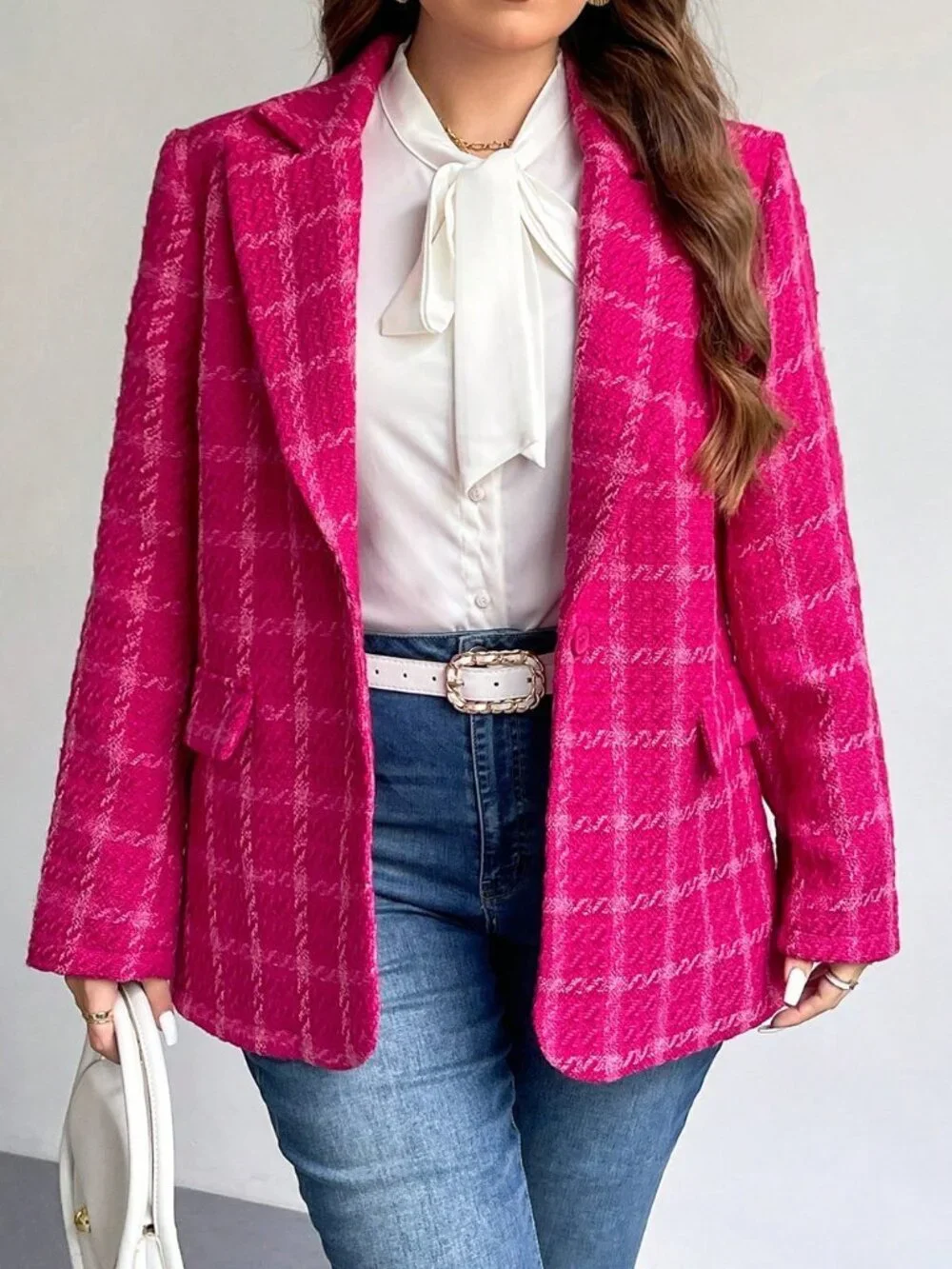 Pink Casual Women's Plus Size Elegant Plaid Long Sleeve Warm Blazer Jacket